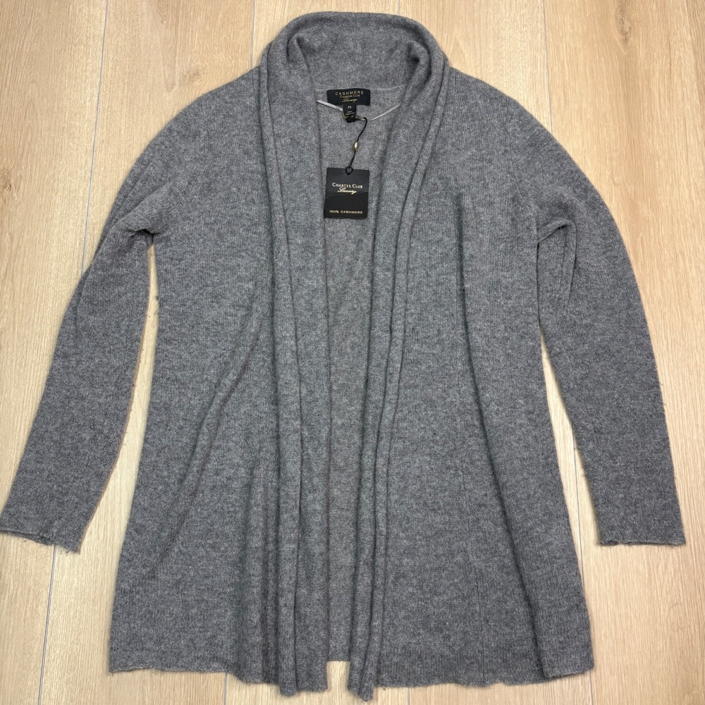 Charter Club Luxury 100% Cashmere Gray Open Front Cardigan Sweater Petite S NWT